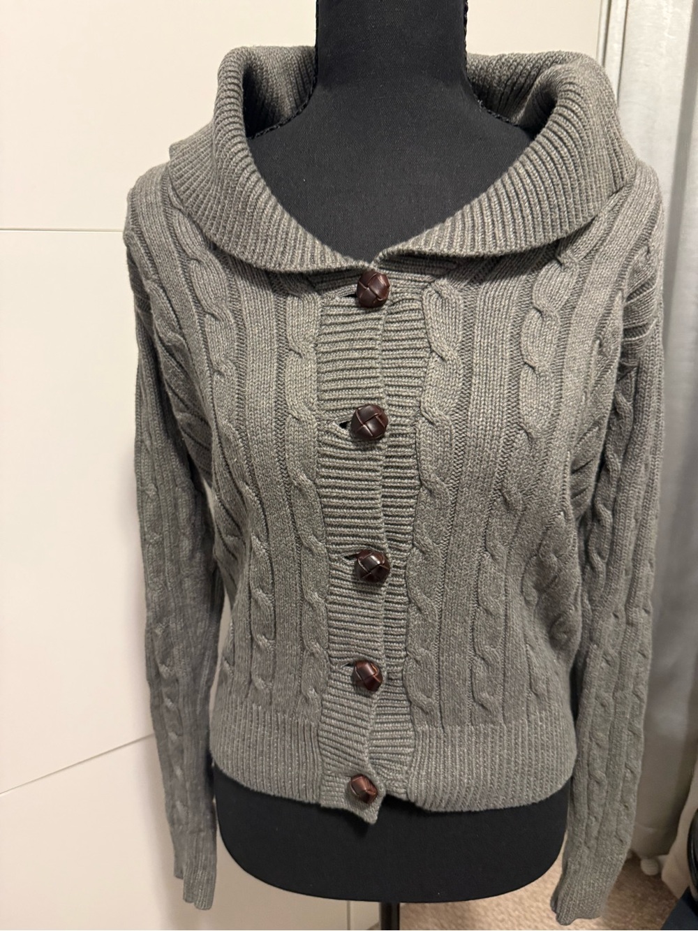 Ralph Lauren Gray Cable-Knit Shawl Collar Cardigan